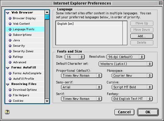 Internet Explorer 5 for Mac Preferences (2001)